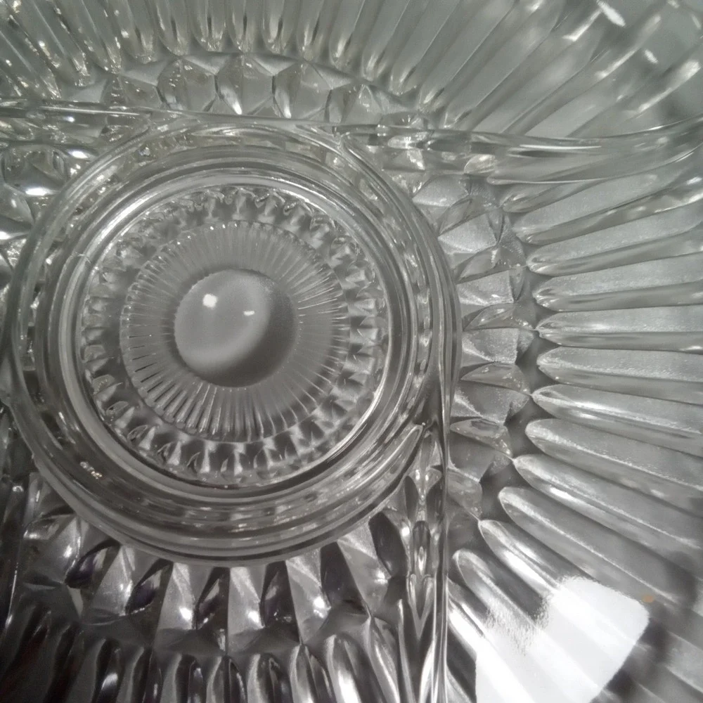 Vintage‎ Clear Pressed Glass Divided Relish Tray Sunburst Sawtooth Rim 11 Inch